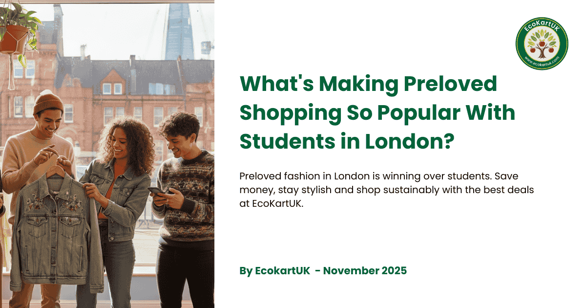Students shopping preloved fashion in London online at Ecokartuk marketplace finding affordable secondhand clothing deals in Greater London