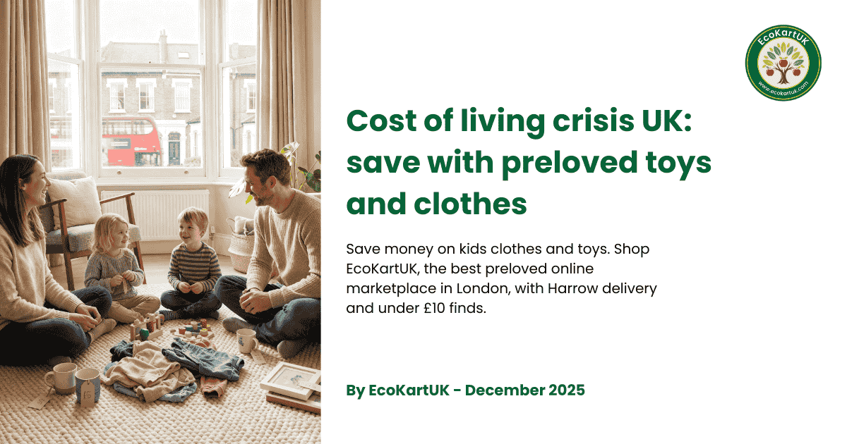 UK family in a London home sorting preloved toys and children’s clothing from EcoKartUK, showing how the cost of living crisis can be eased with under £10 second hand finds