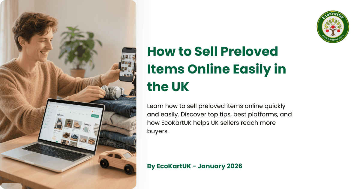 Person photographing preloved clothes, toys, and electronics on a desk to sell online through EcoKartUK, showing how easy it is to sell preloved items in the UK