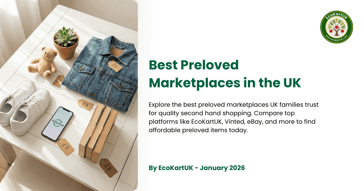 Flat lay of quality preloved items including clothing, toys, books, and electronics representing the best preloved marketplaces UK families use for affordable sustainable shopping