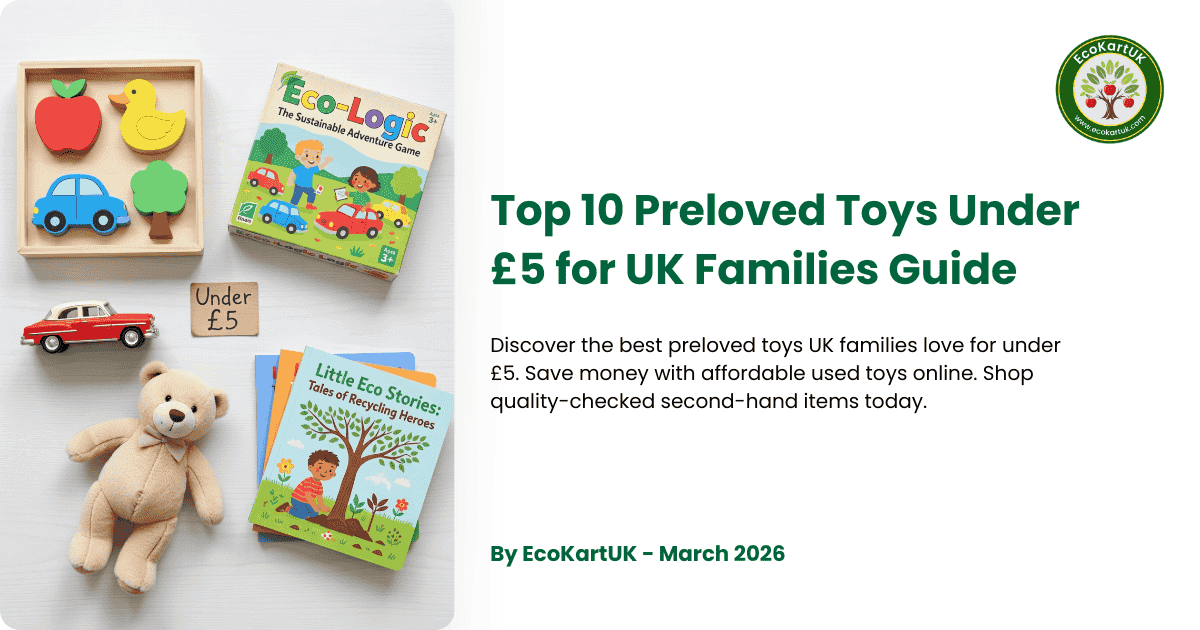 A flat lay collection of quality preloved toys under £5 including puzzles, cars, and books for UK families, available at EcoKartUK to support sustainable parenting.