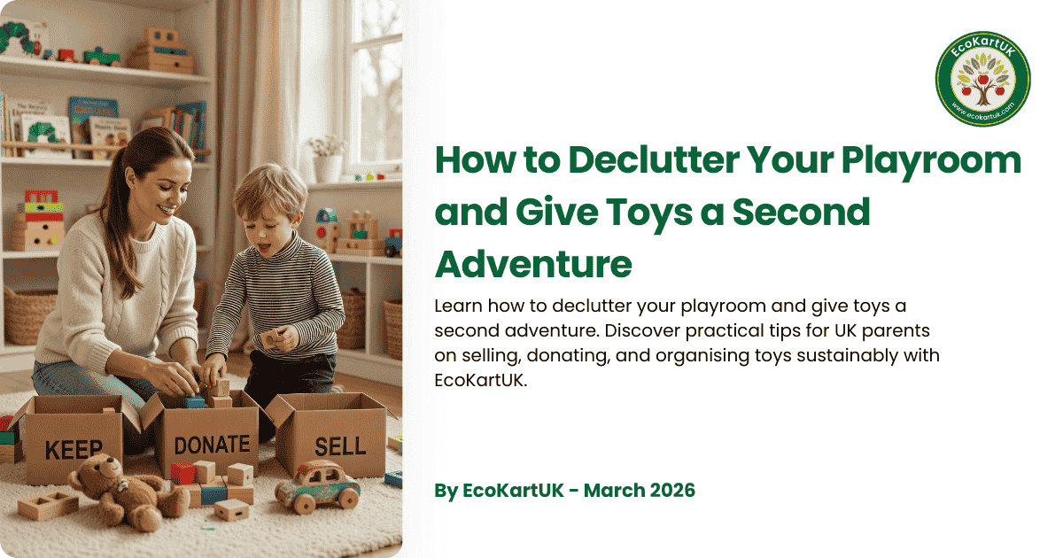 Parent and child sorting preloved toys into donate and sell boxes in a bright UK playroom, showing how to declutter playroom toys UK style with EcoKartUK.