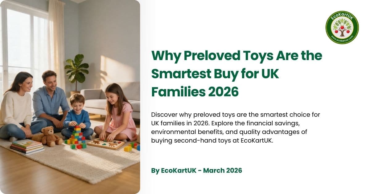 Happy UK family sorting through quality preloved toys including puzzles and soft toys, showing why preloved toys UK families trust are the smartest buy in 2026 at EcoKartUK.