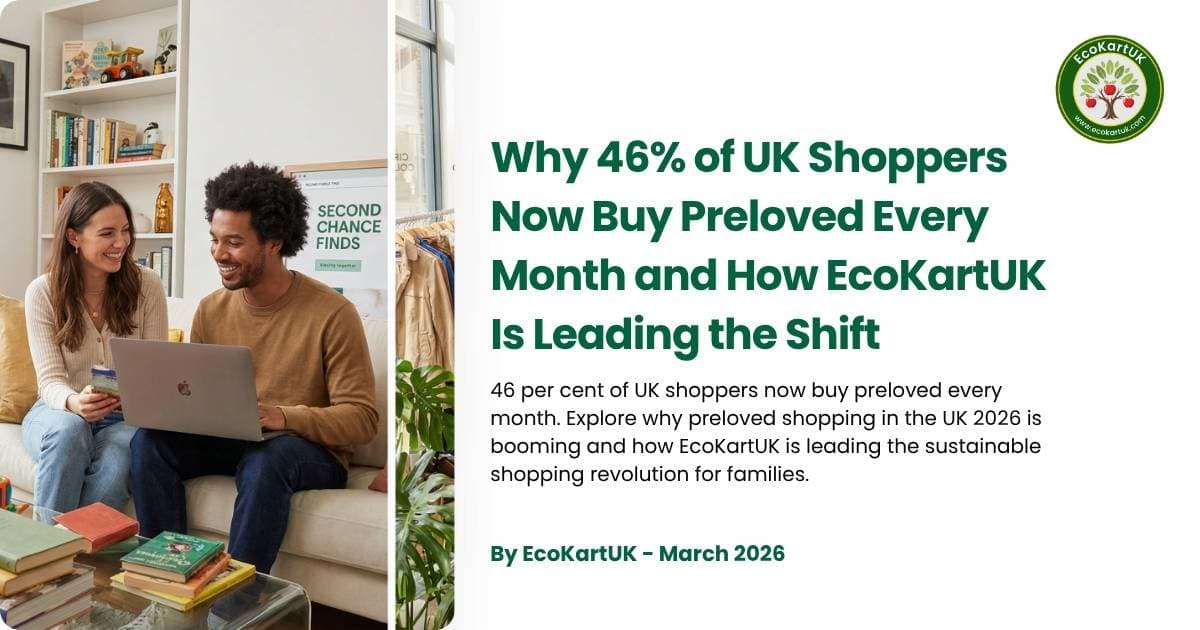 Diverse group of UK shoppers happily browsing preloved items online and in person, representing why 46 percent of UK shoppers now buy preloved monthly through platforms like EcoKartUK.